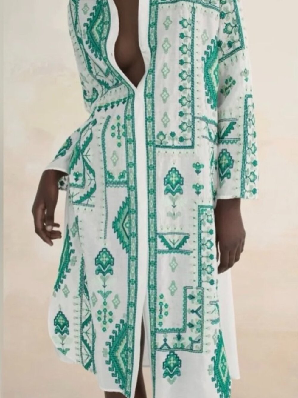 New Zara White Green Embroidered Tunic Shirt Dress Boho XL
